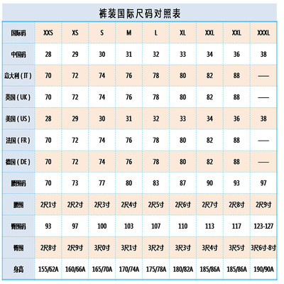男士休闲裤尺码对照表