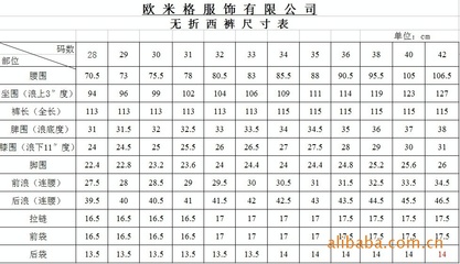 男士休闲裤尺码对照表