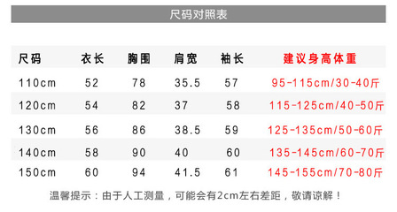 男士外套尺码对照表