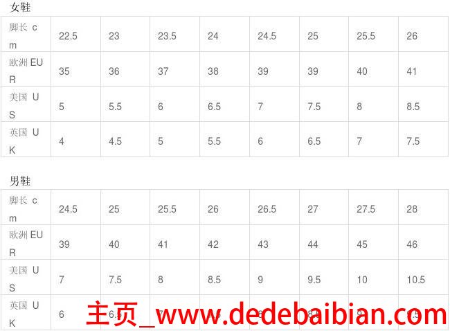 中国鞋子的尺码对照表
